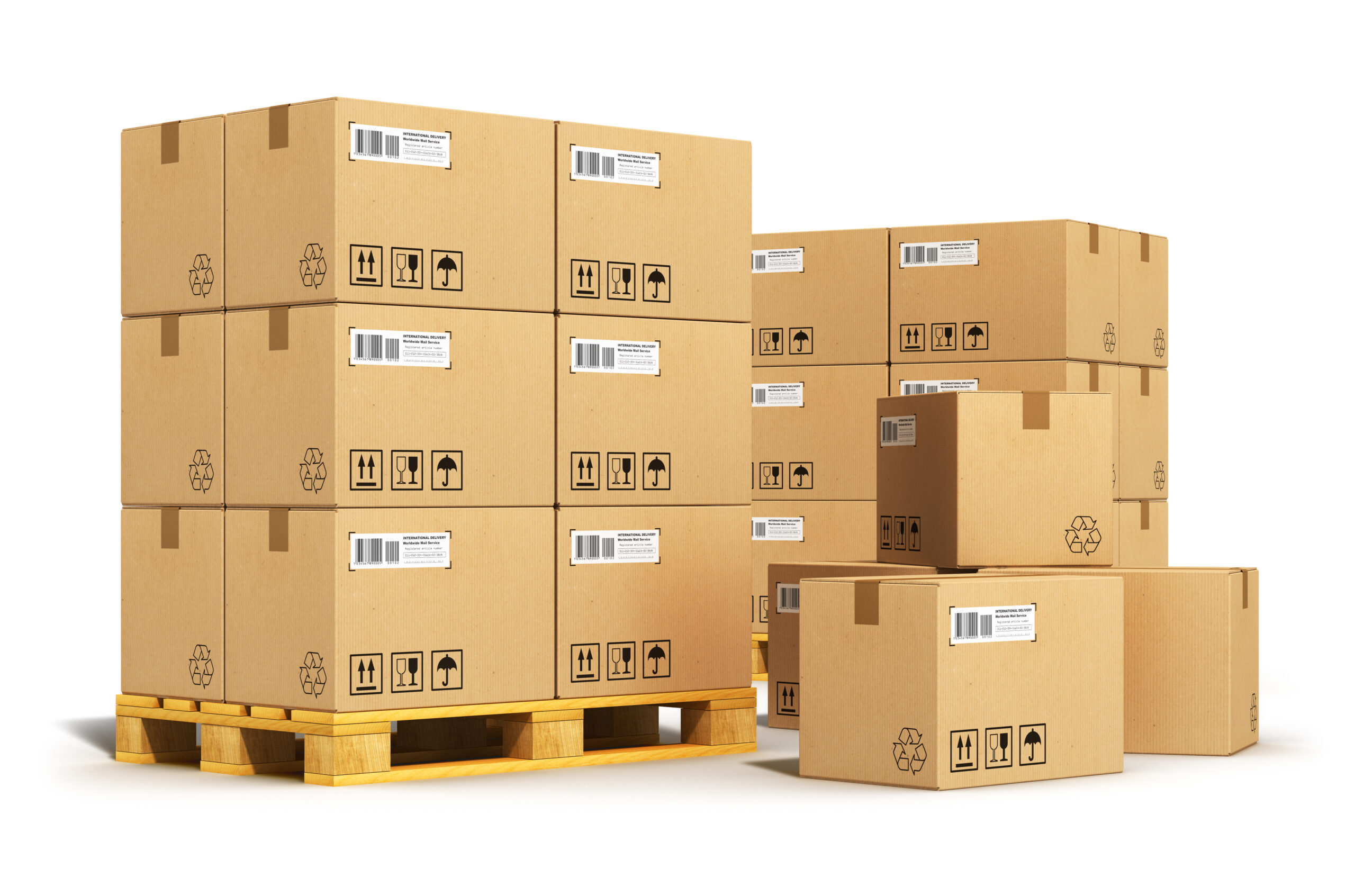 Creative abstract cargo, delivery and transportation logistics storage warehouse industry business concept: group of stacked corrugated cardboard boxes on wooden shipping pallets isolated on white background